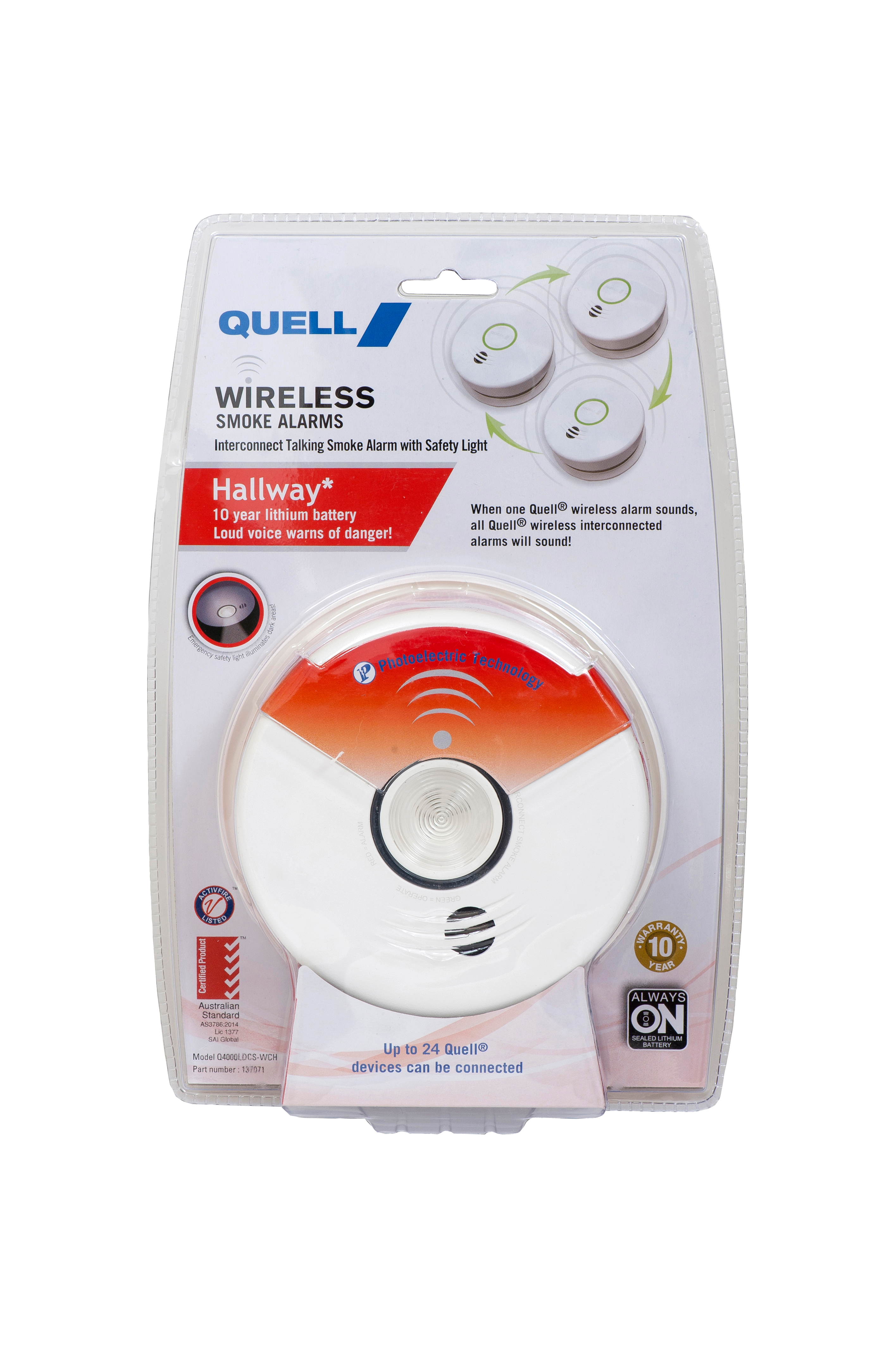 Wireless Interconnect Photoelectric Smoke Alarm, 10yr Lithium Battery  – Hallway with Escape Light